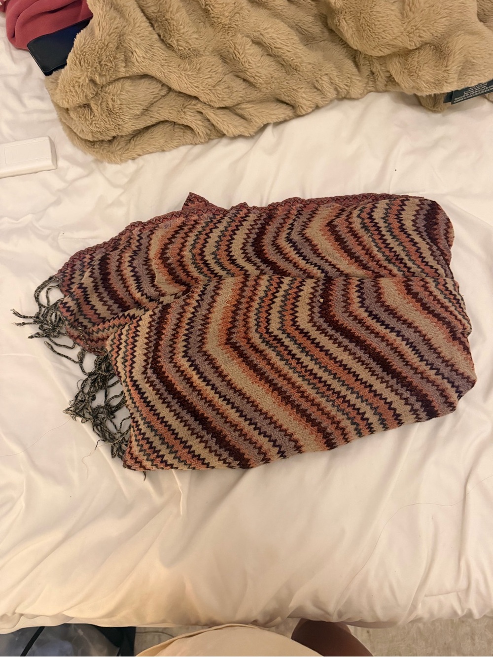 Chevron Pattern Fringe Scarf in Rust & Plum